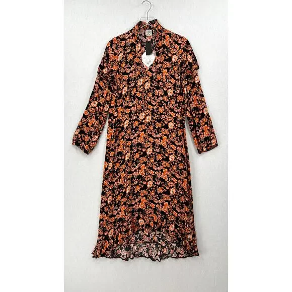 BAUM UND PFERDGARTEN Ani Tie Neck Midi Dress Womens 34 XS Navy Orange NWT